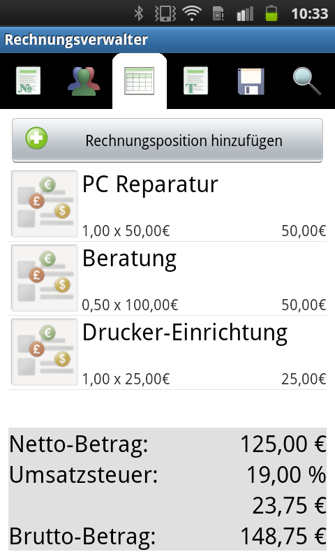 Screenshot Android App - Rechnungspositionen