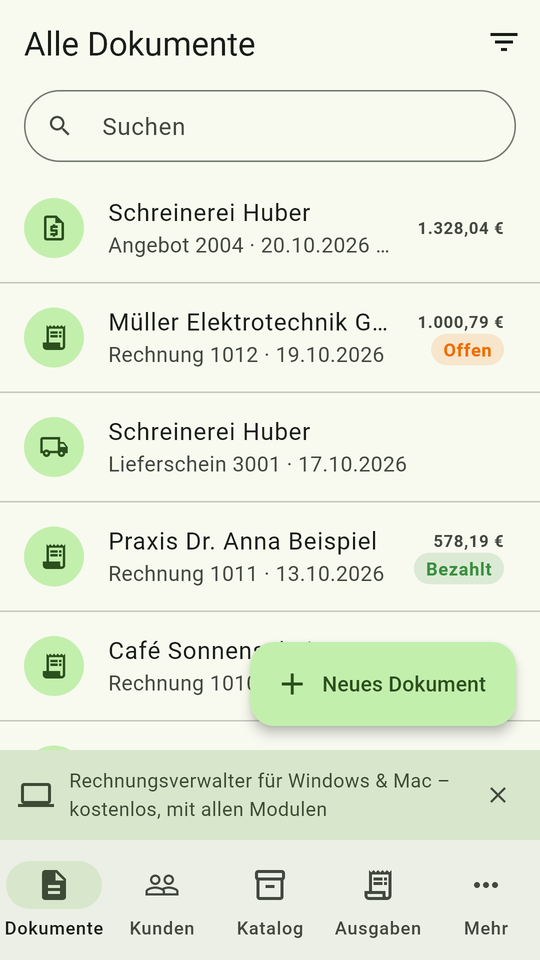 Rechnungsverwalter für Android – Dokumentenliste