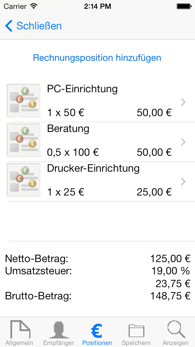 Screenshot iPhone - Rechnungspositionen