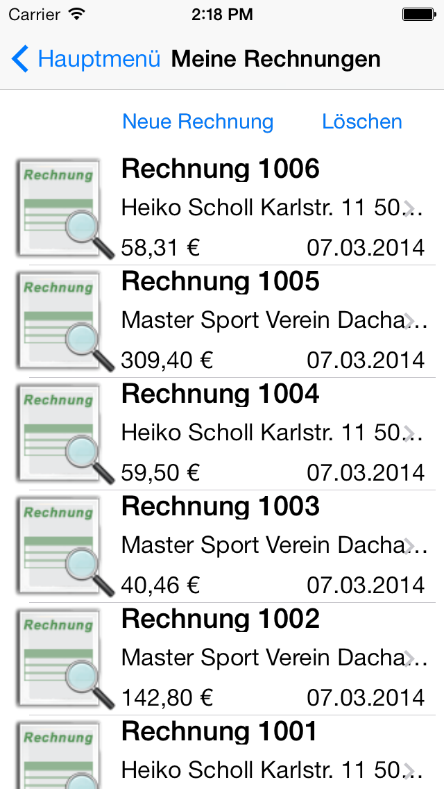 Screenshot iPhone - Rechnungstexte