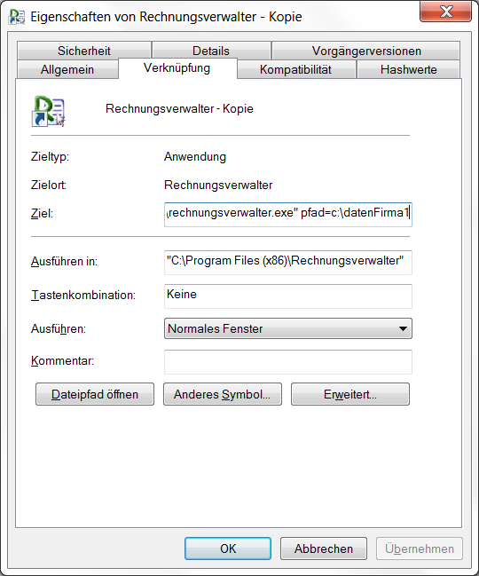 Eigenschaften - Ziel ändern