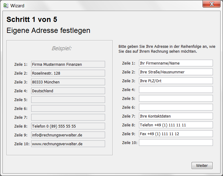 Wizard: Standart-Adresse hinterlegen