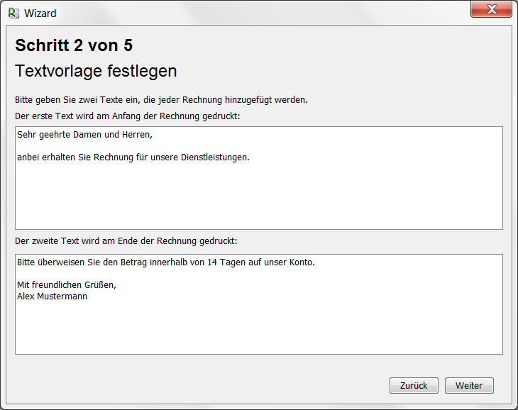 Wizard: Standart-Textvorlage hinterlegen