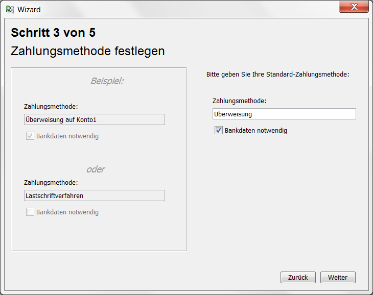 Wizard: Standart-Zahlungsmethode hinterlegen