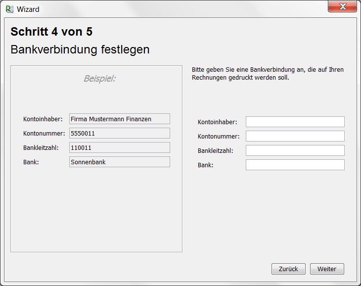 Wizard: Standart-Bankverbindung hinterlegen