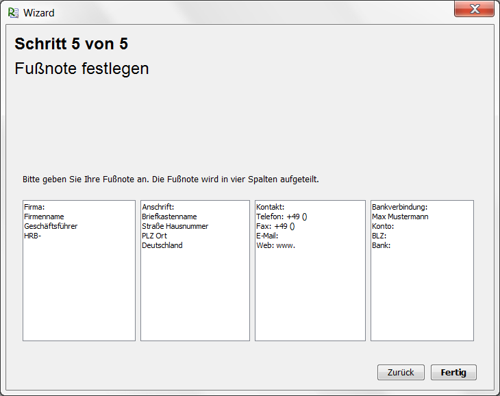 Wizard: Standart-Fußnote hinterlegen