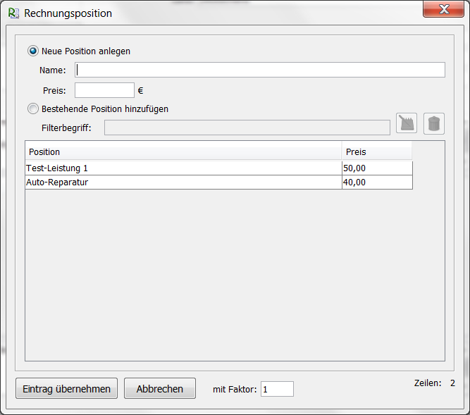 Rechnungspositionen pflegen