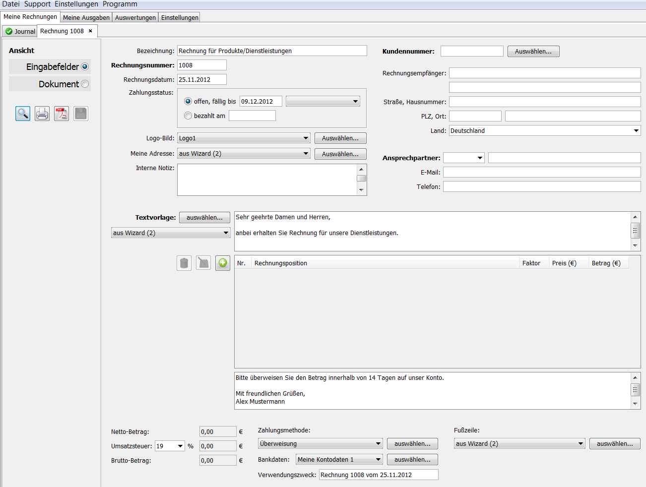 Neue Rechnung mit einer Vorbefüllung