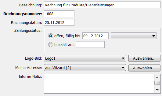 Angaben zu einer Rechnung