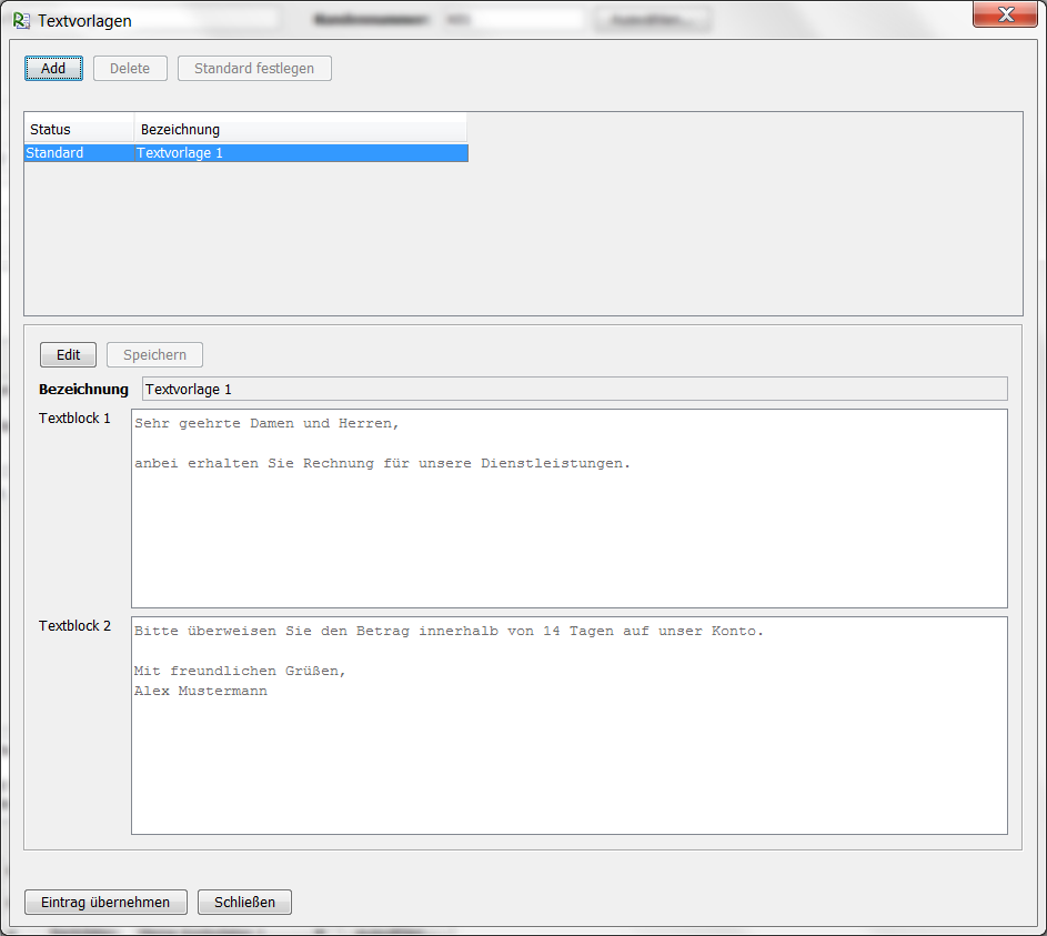 Textvorlagen-Fenster