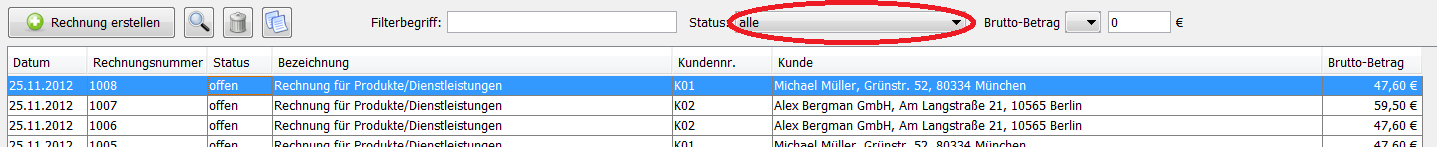 Rechnungen nach Status filtern
