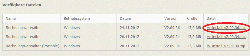 Herunterladen-Seite auf der rechnungsverwalter.de