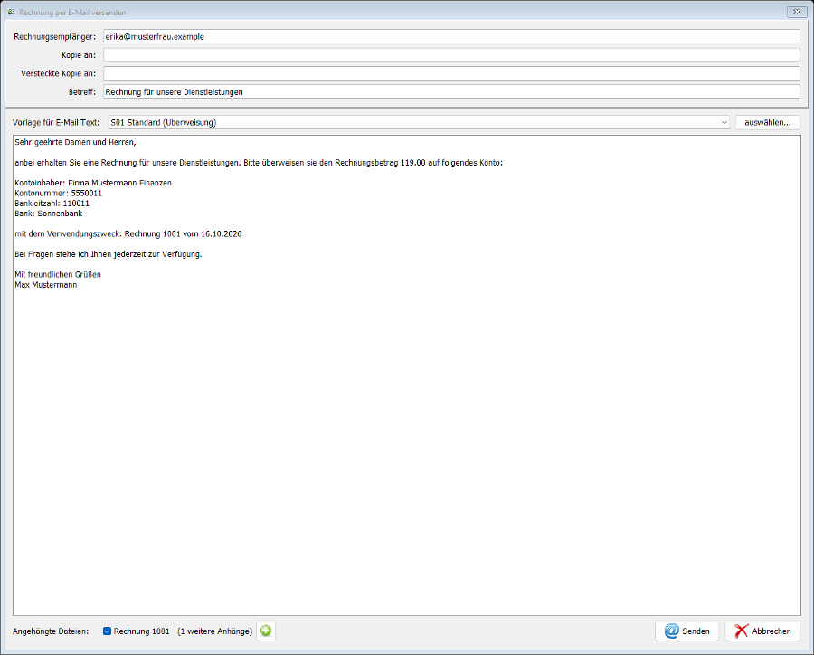 E-Mail-Fenster beim Versand einer Rechnung